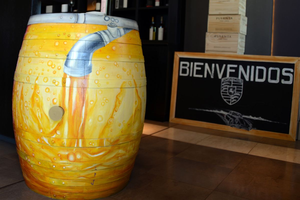 07-06 Colourful Yellow Barrel In Pulenta Estate Winery Retail Shop Lujan de Cuyo Tour Near Mendoza